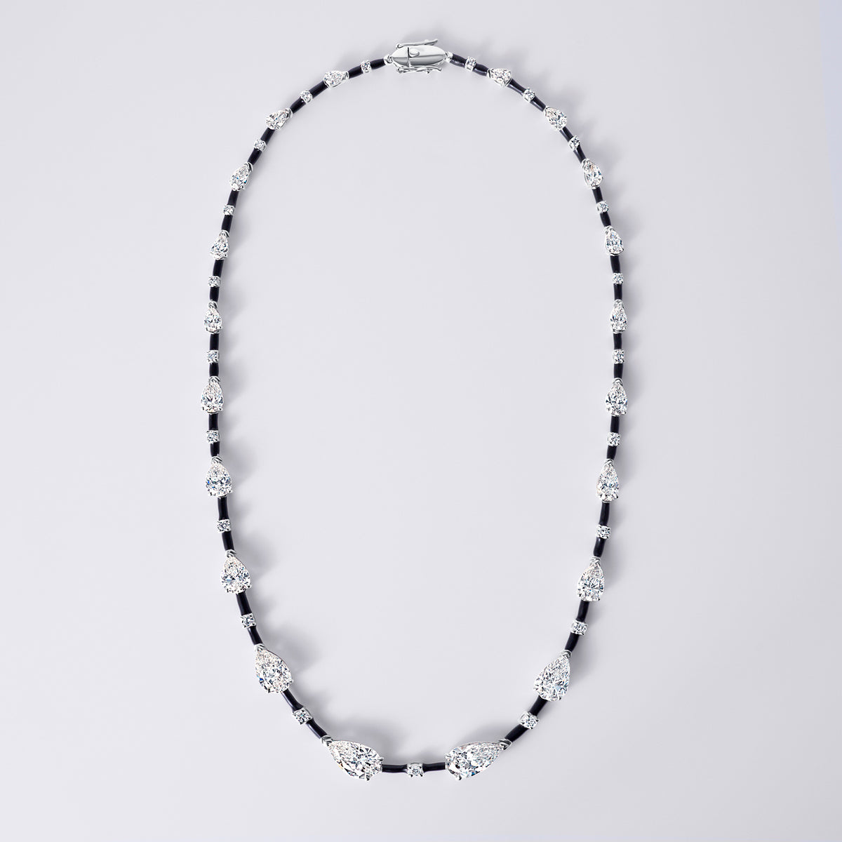 Black Ceramic Pear and Round Diamond Necklace, White Gold
