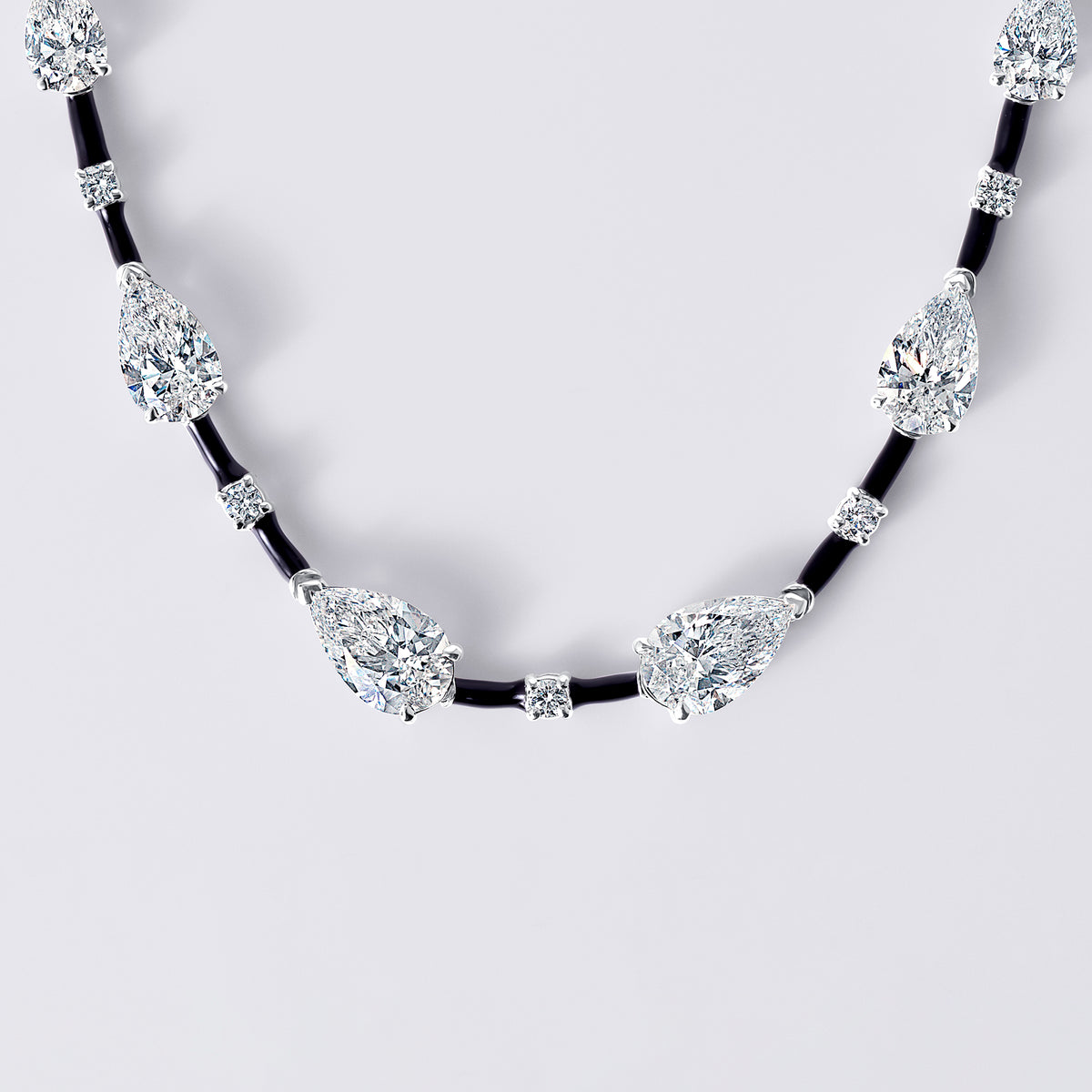 Black Ceramic Pear and Round Diamond Necklace, White Gold