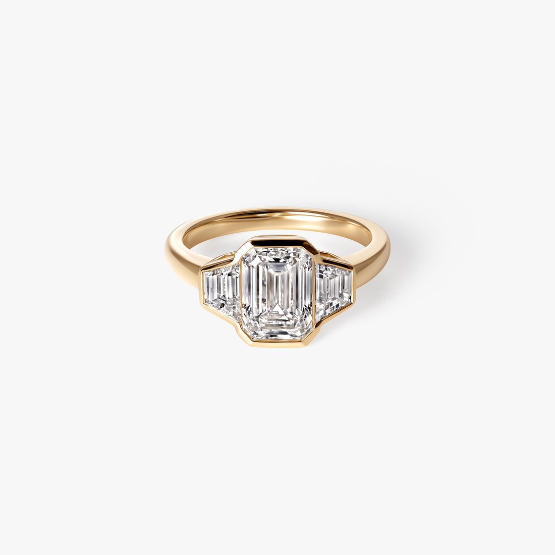 2.07CT Emerald and Trapezoid Bezel Three Stone Engagement Ring