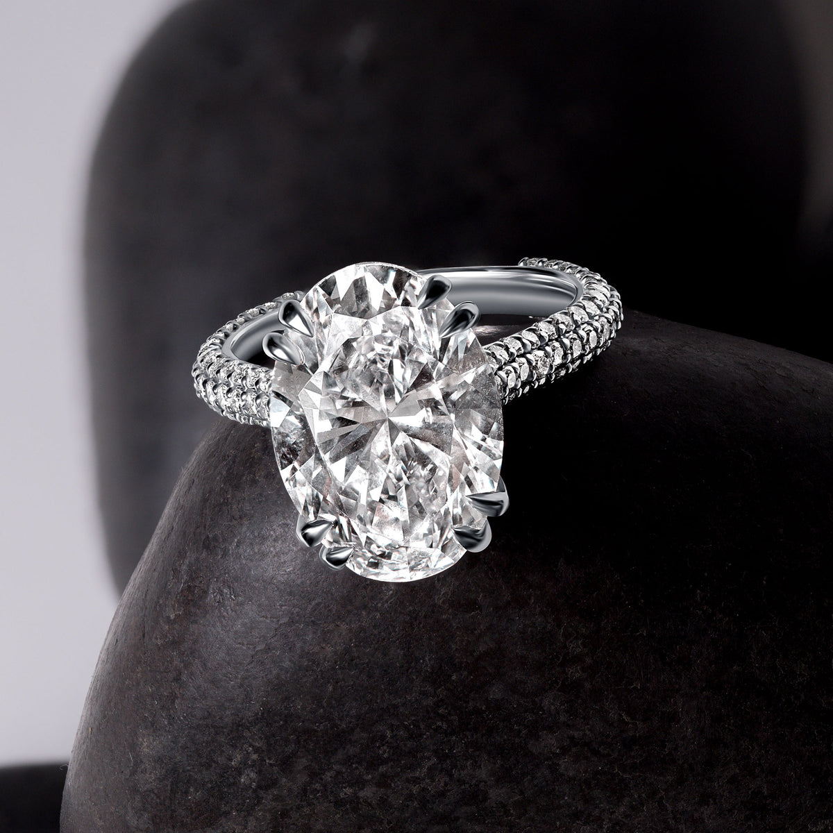 Luna 7.01CTW Oval Three Row Pave Engagement Ring, White Gold