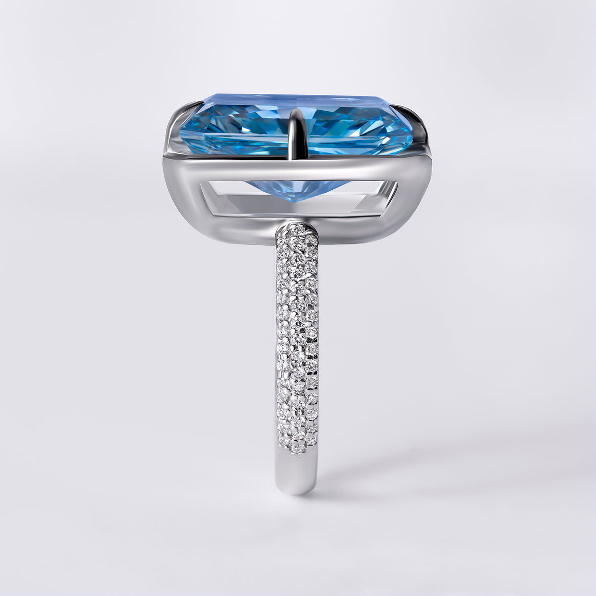 Bespoke Fancy (10.39CT) Intense Greenish Blue Radiant with Black Anodized Bezel and Three Row Pave, White Gold