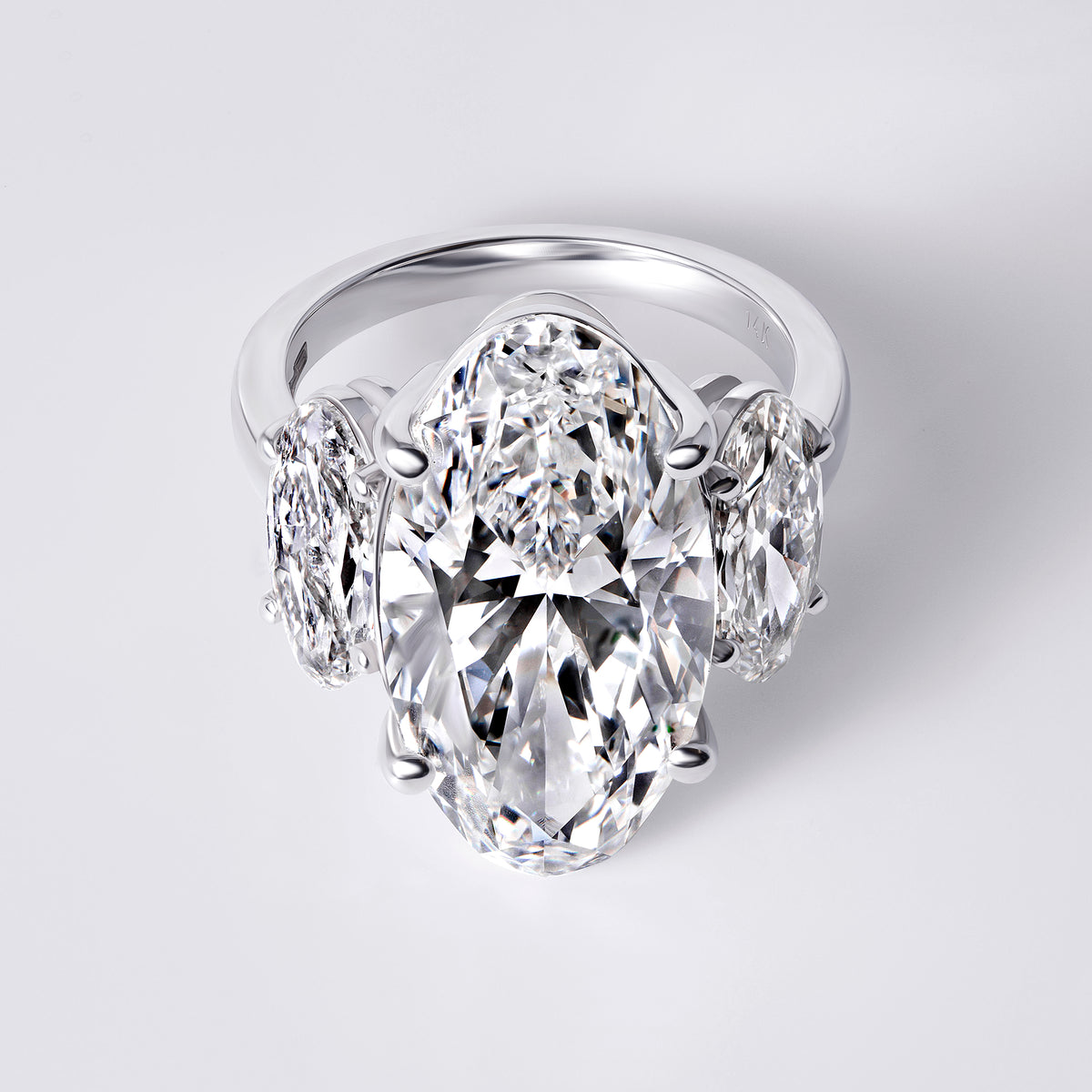 Bespoke Moval (9.77CT) Three Stone Ring, White Gold