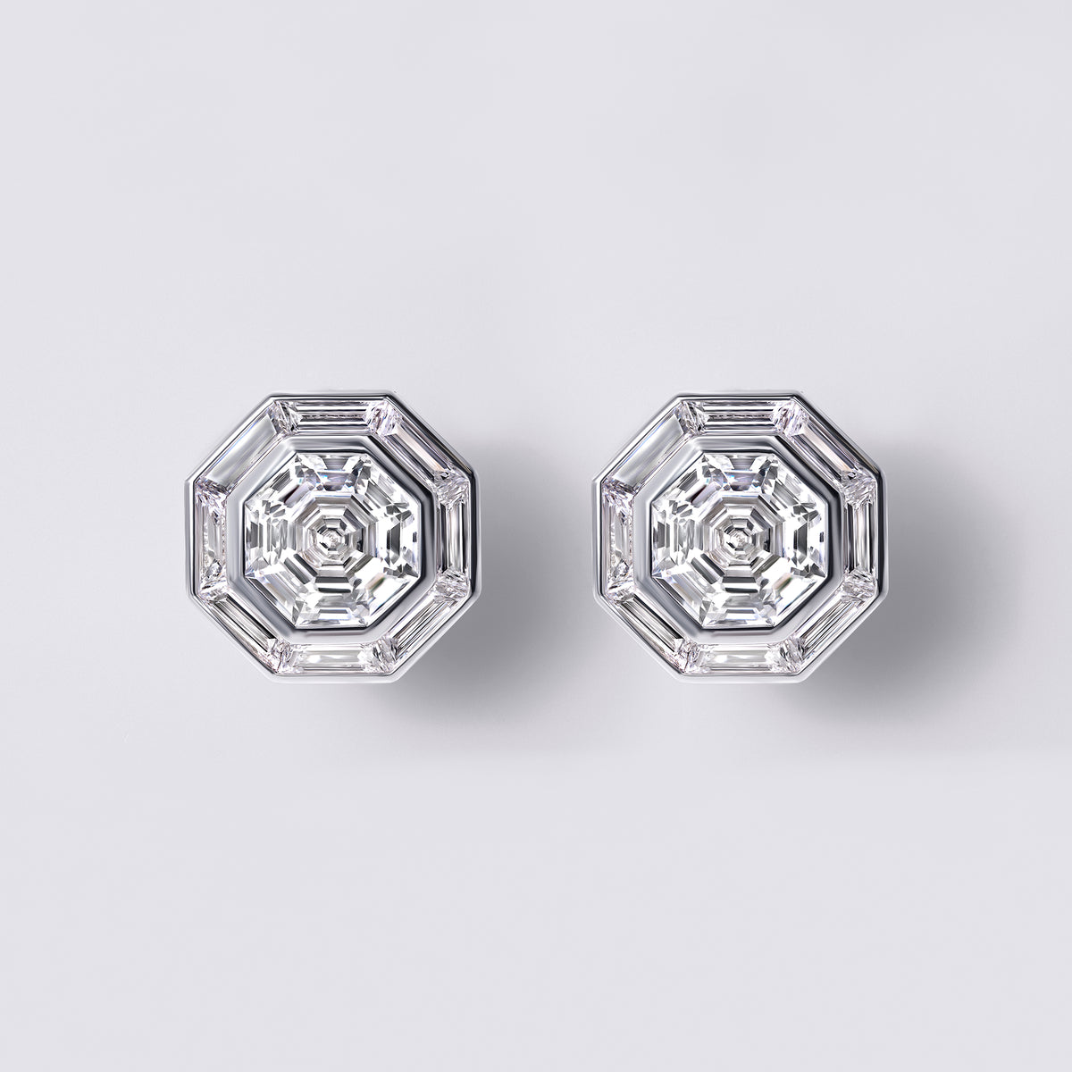 Step-cut Octagon With Baguette Halo Studs (13.86CTW), White Gold