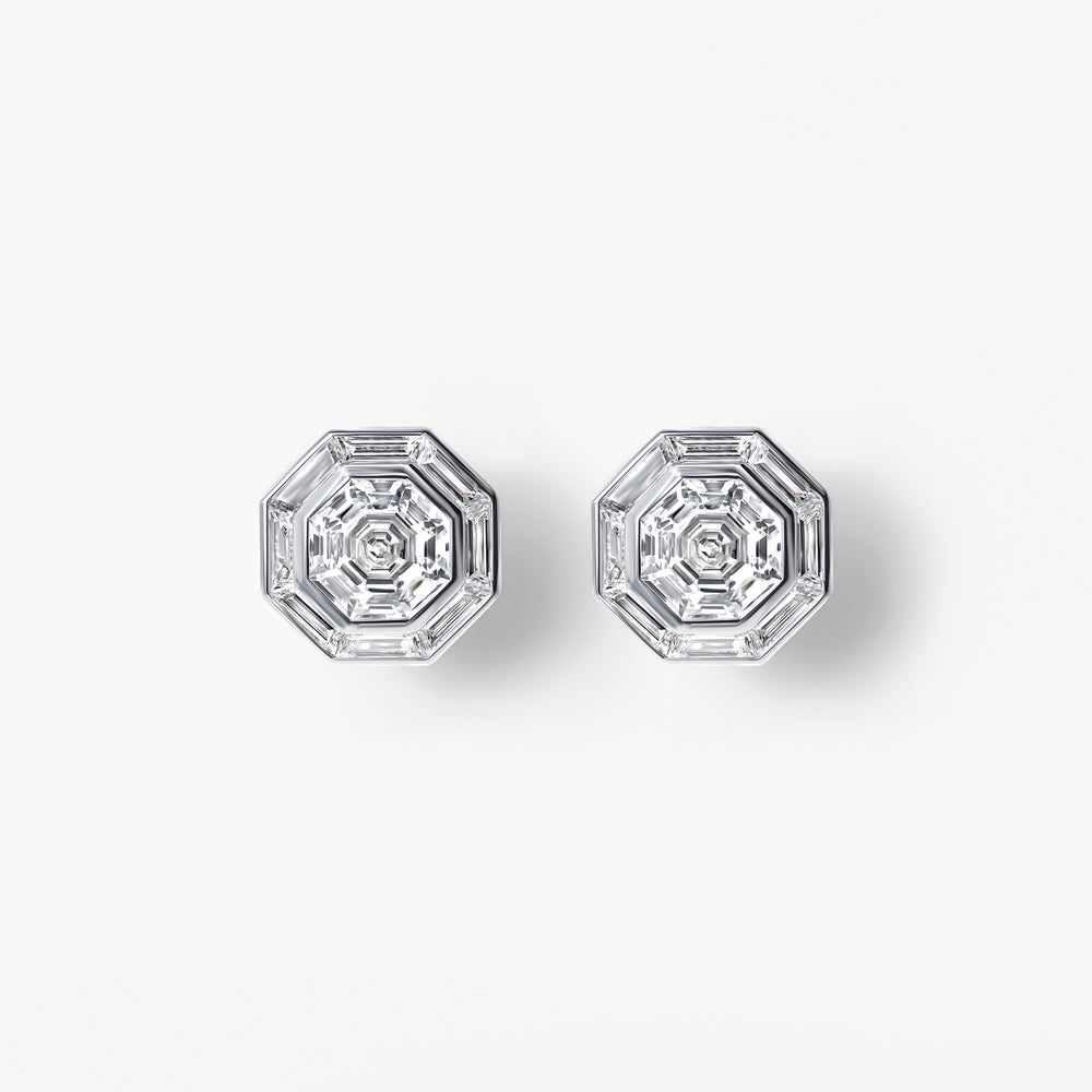Octagon and Baguette Diamond Halo Stud Earrings