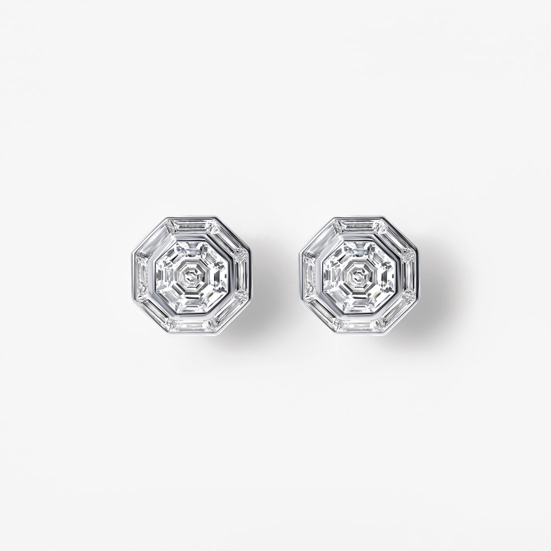Octagon and Baguette Diamond Halo Stud Earrings