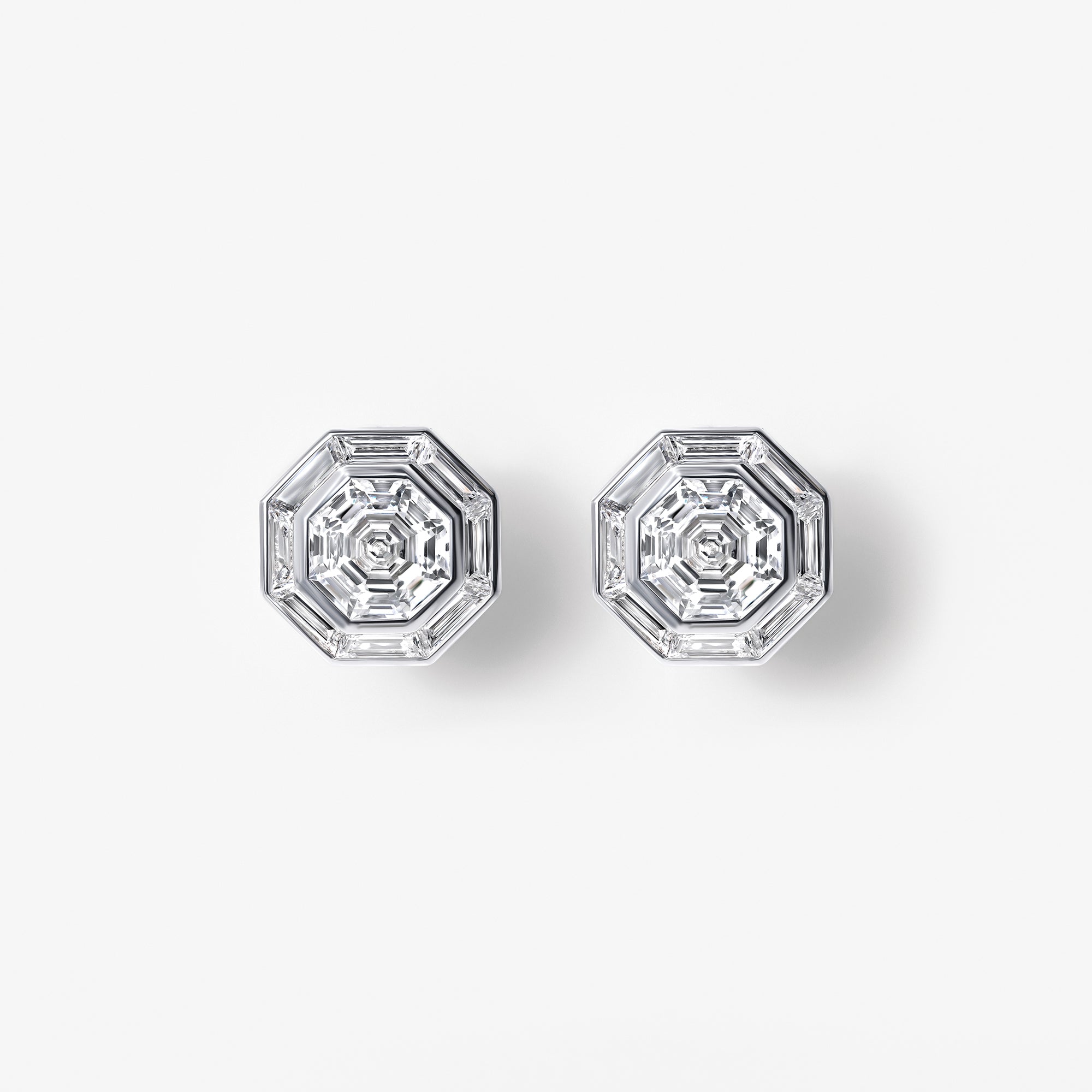 Octagon and Baguette Diamond Halo Stud Earrings