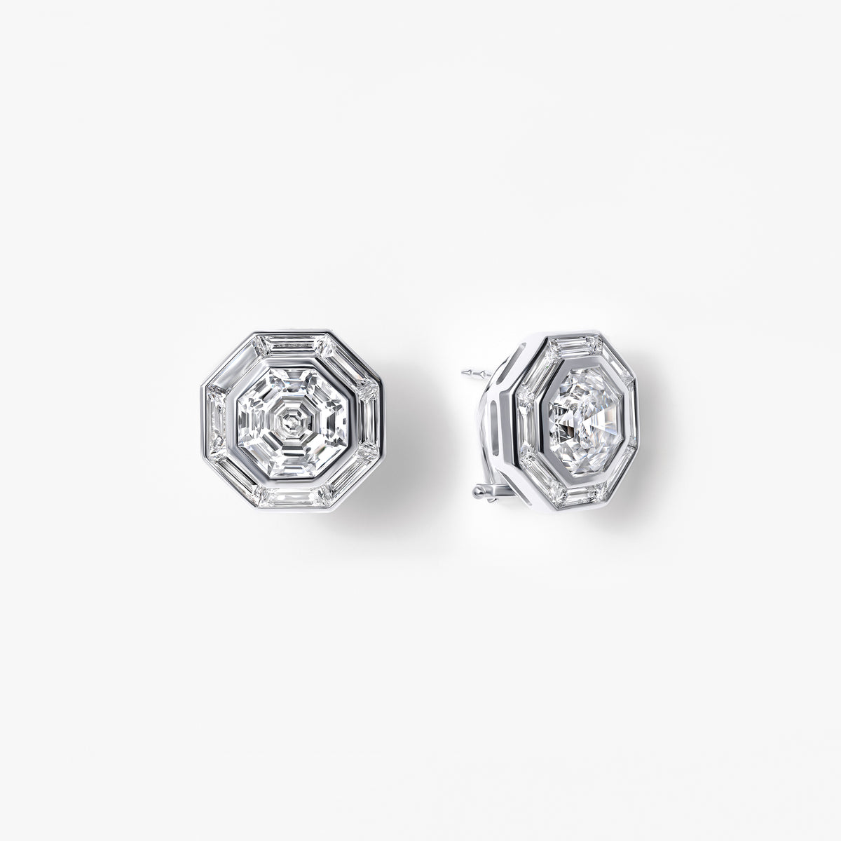 Octagon and Baguette Diamond Halo Stud Earrings