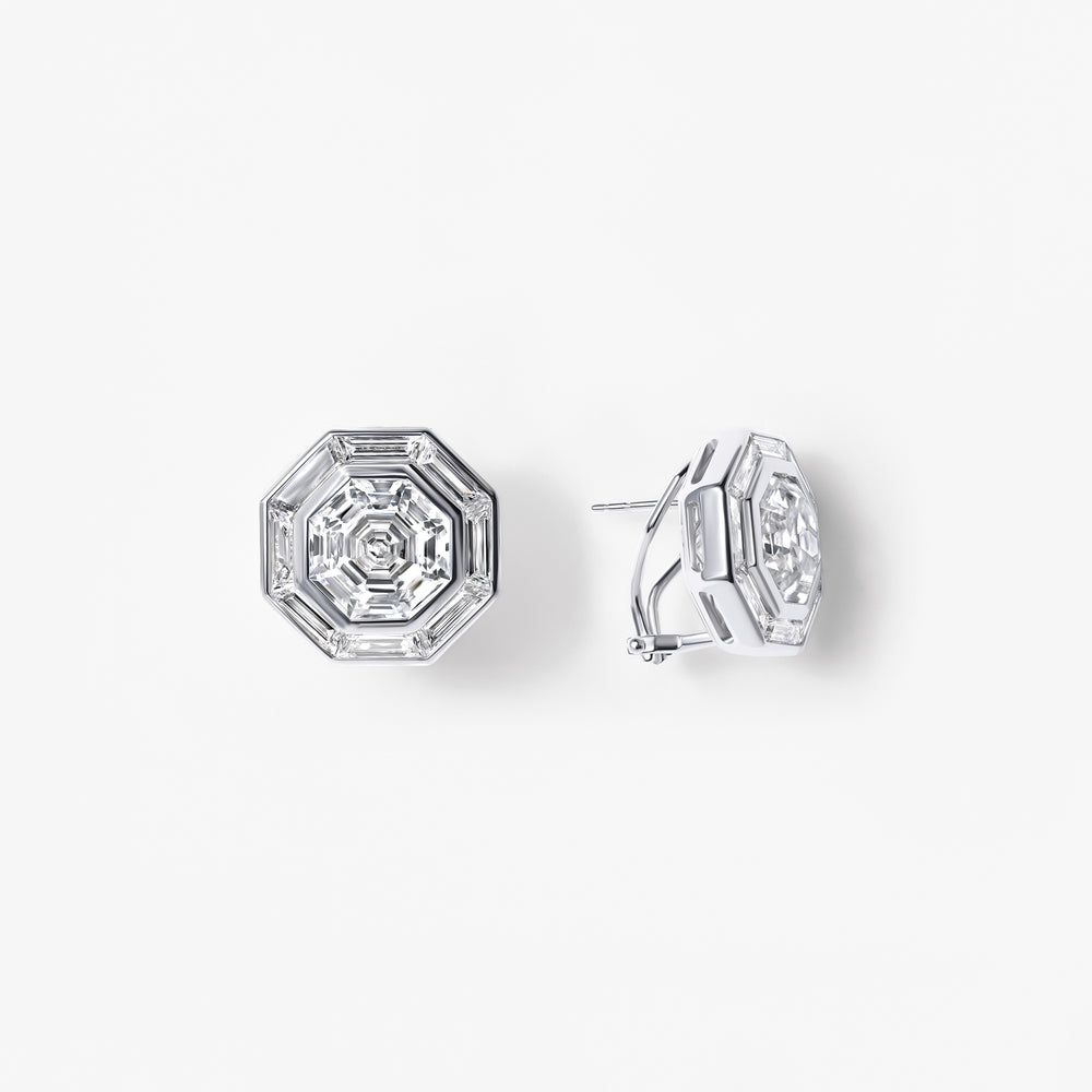 Octagon and Baguette Diamond Halo Stud Earrings
