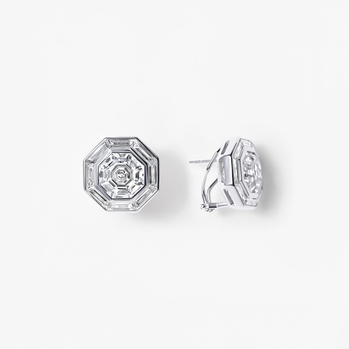 Octagon and Baguette Diamond Halo Stud Earrings