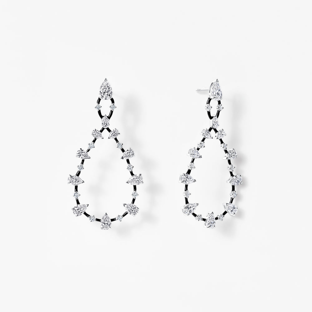 Pear and Round Diamond Black Ceramic Drop Earrings