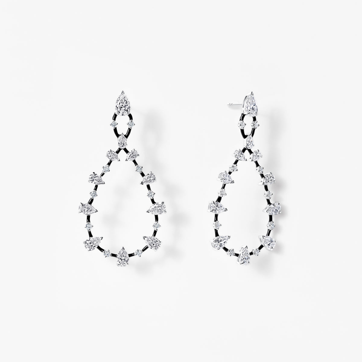 Pear and Round Diamond Black Ceramic Drop Earrings