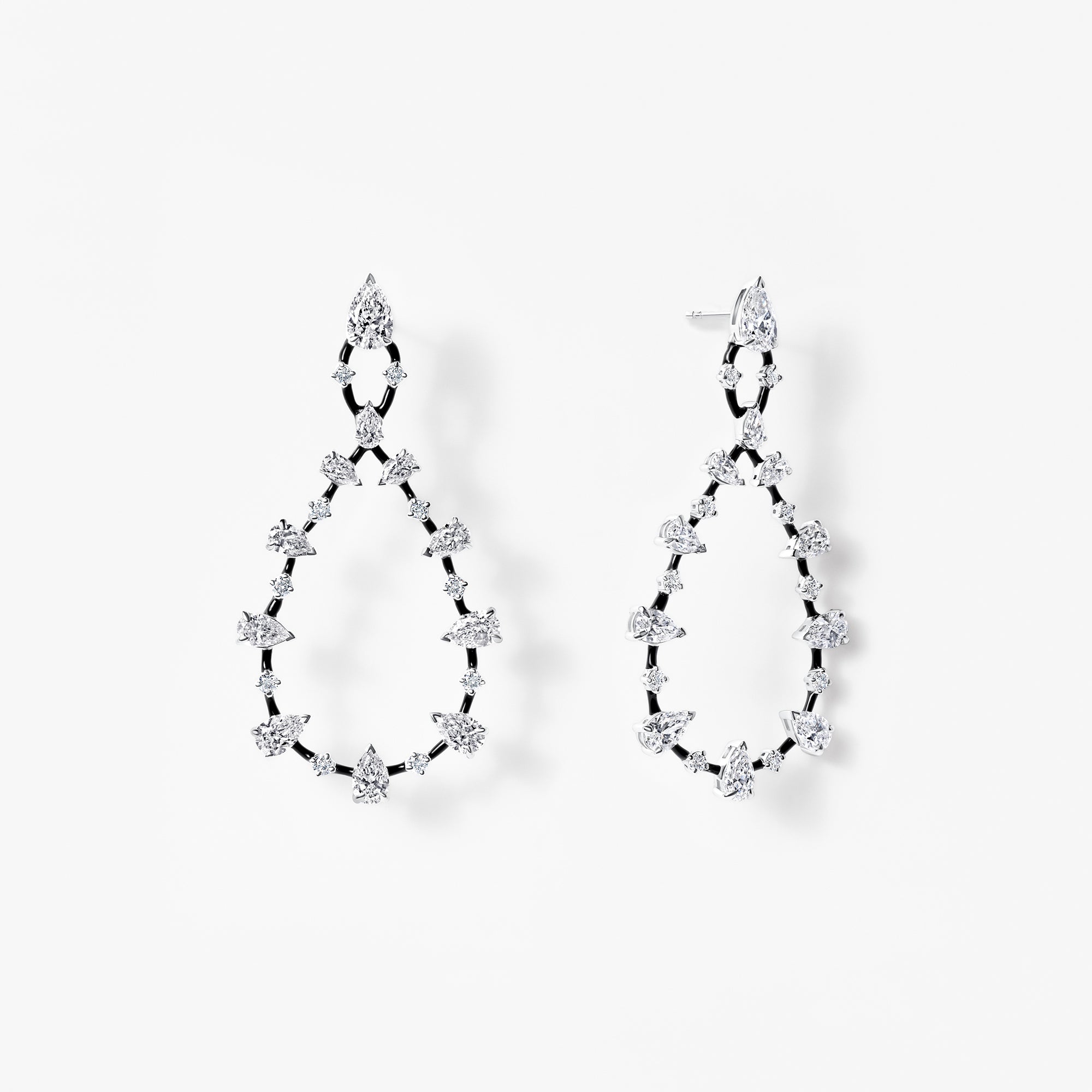 Pear and Round Diamond Black Ceramic Drop Earrings