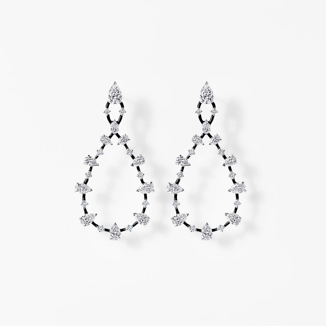 Pear and Round Diamond Black Ceramic Drop Earrings