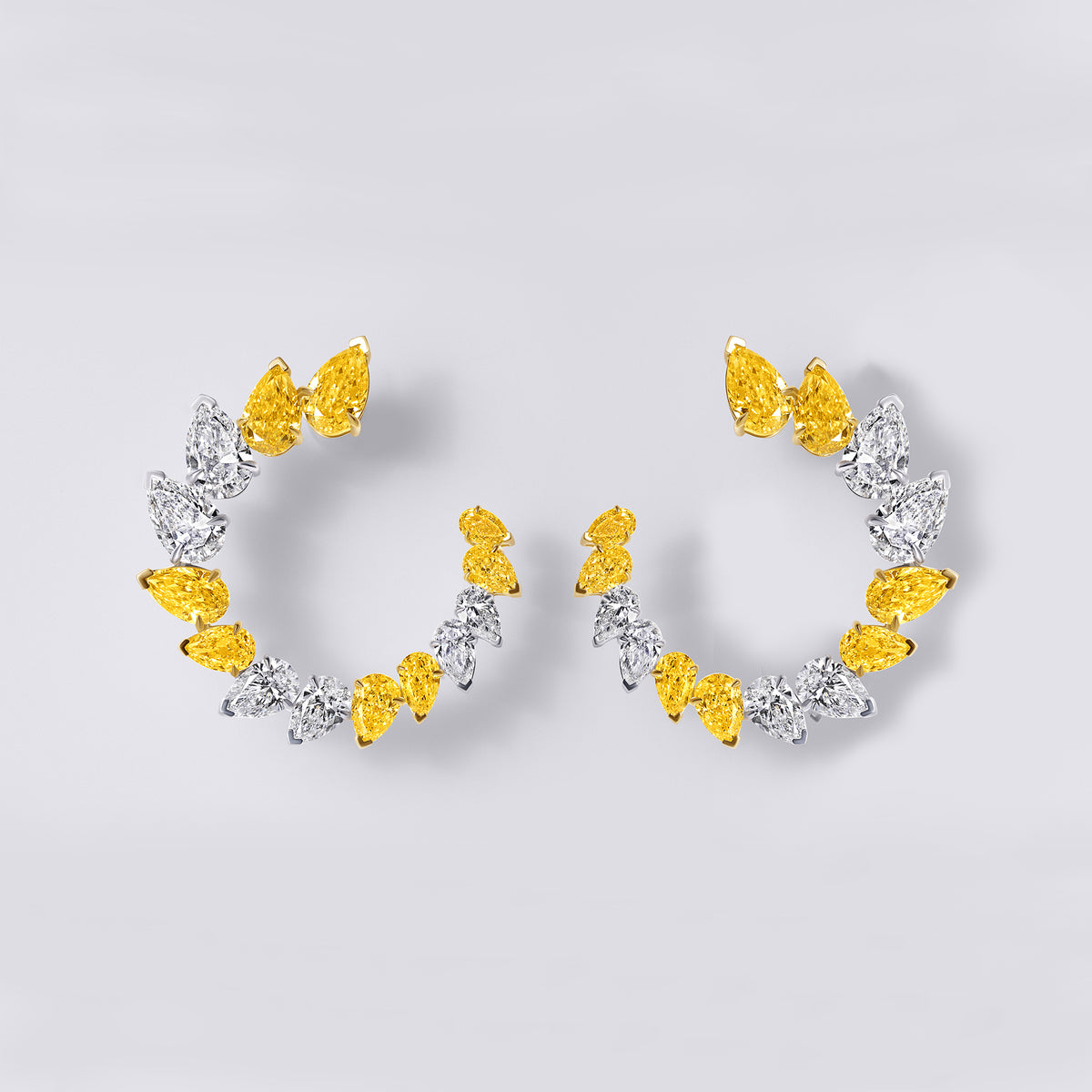 Yellow and White Pear Open Graduating Earrings (14.42CTW), White and Yellow Gold