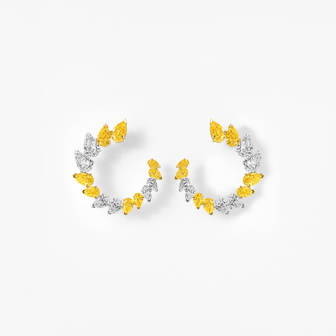 Yellow and White Pear Diamond Open Hoop Earrings