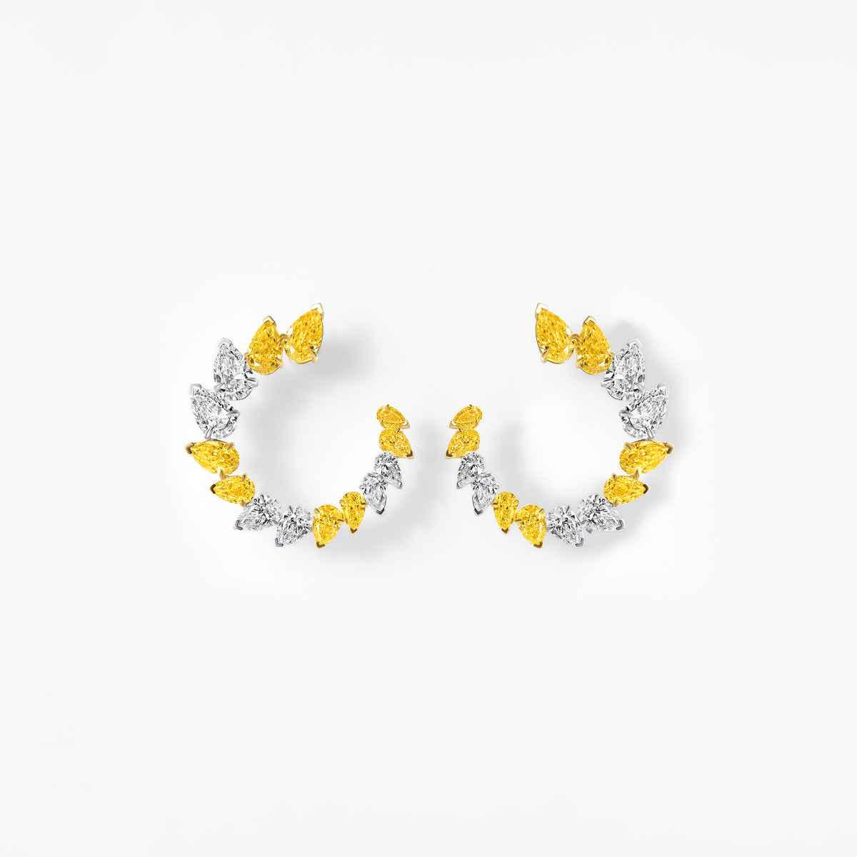 Yellow and White Pear Diamond Open Hoop Earrings