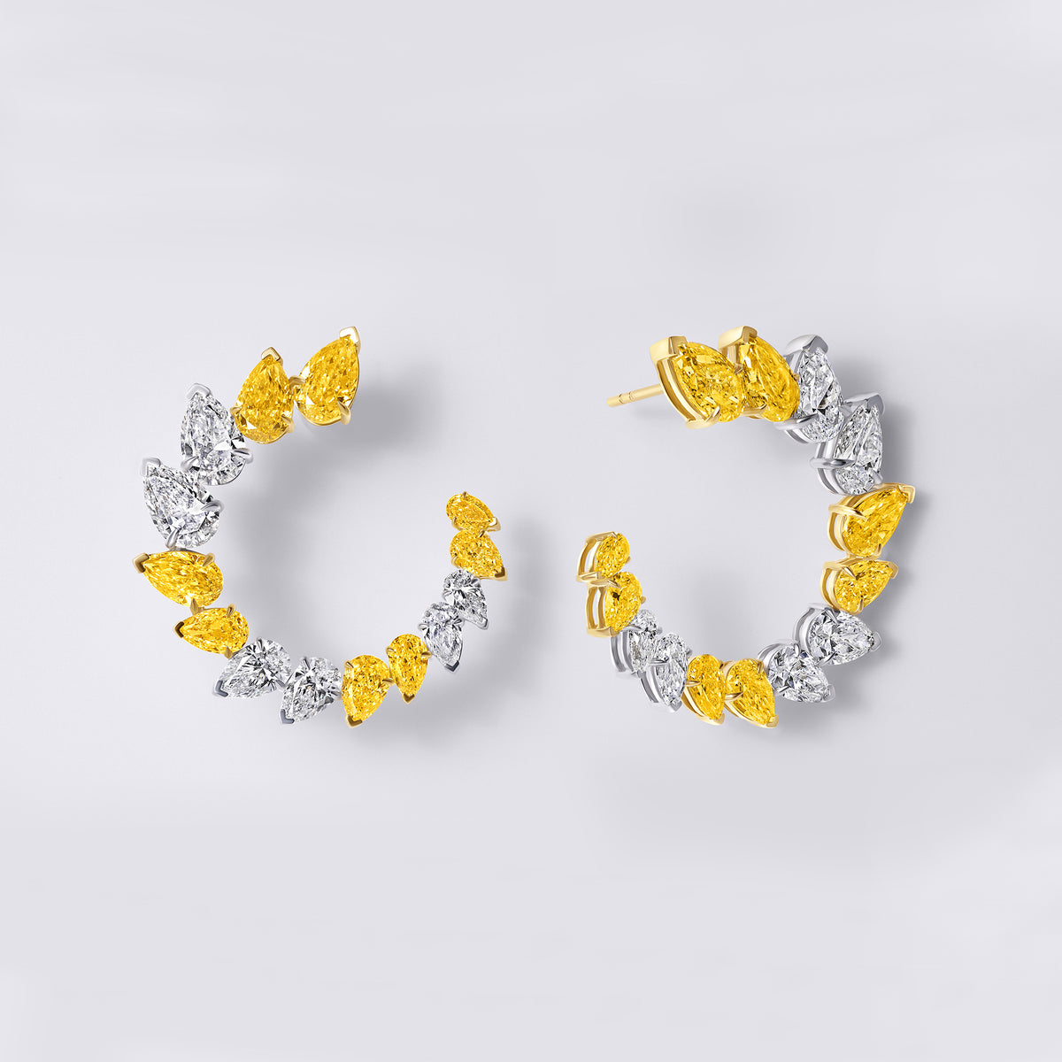 Yellow and White Pear Open Graduating Earrings (14.42CTW), White and Yellow Gold