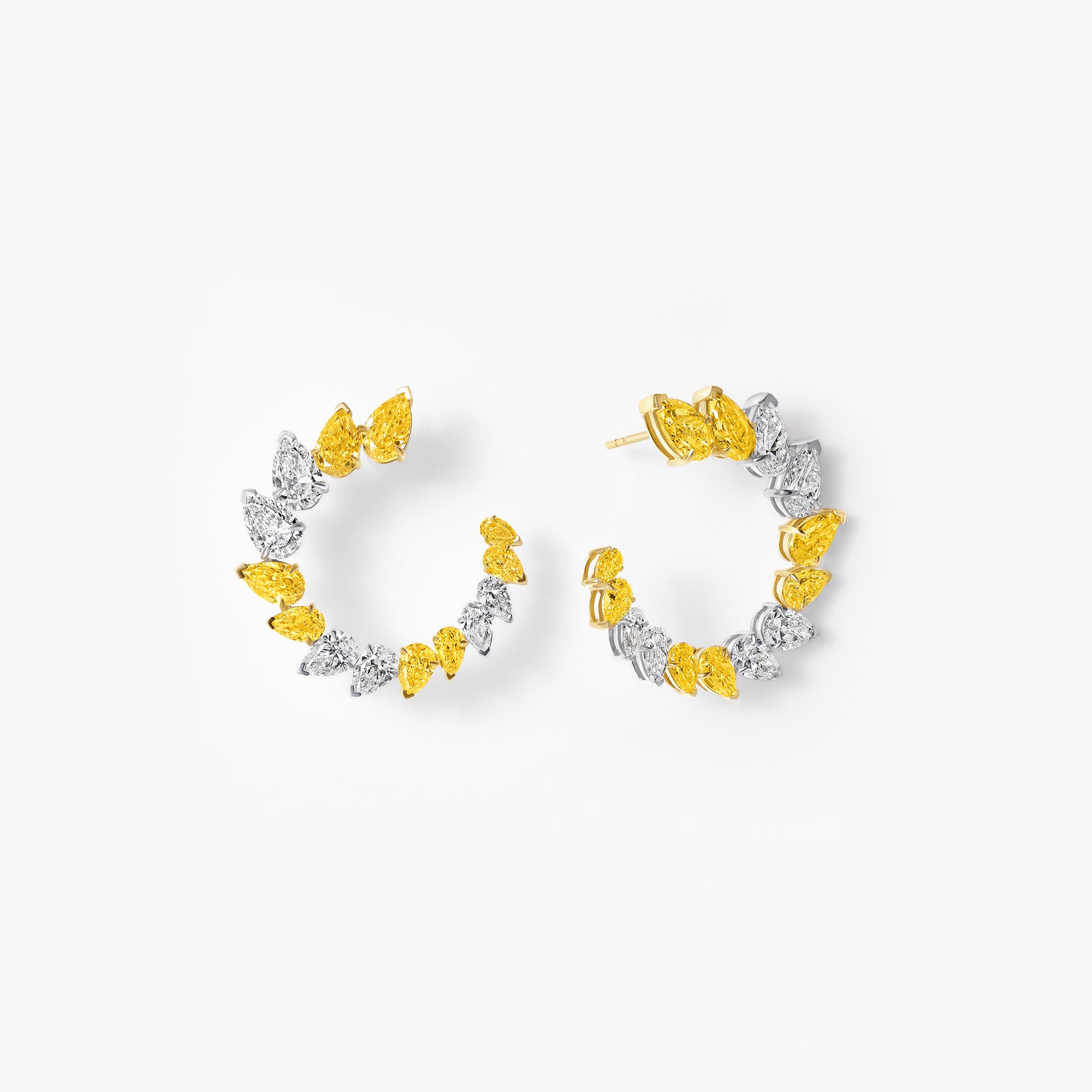 Yellow and White Pear Diamond Open Hoop Earrings