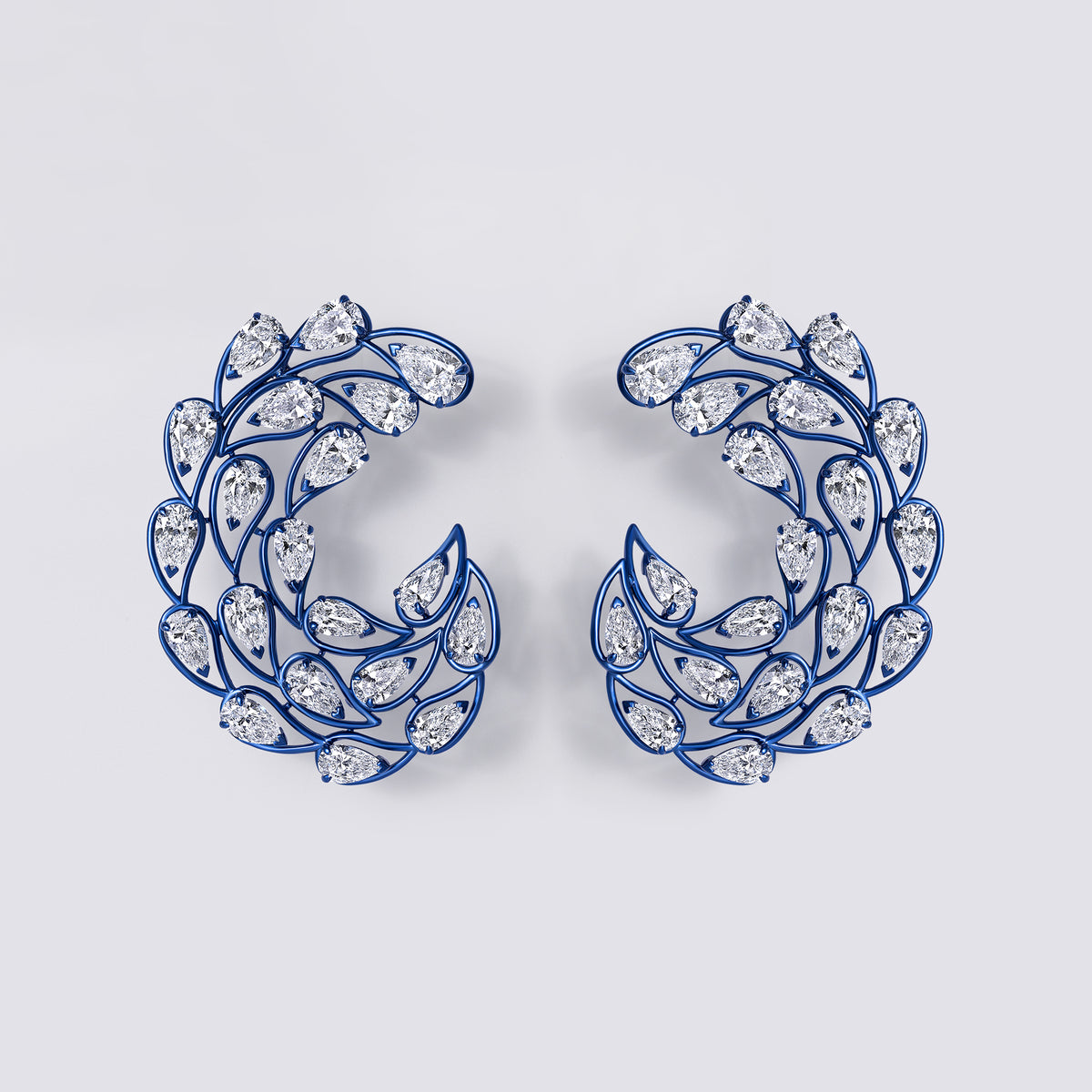 Pear Shaped Vine Earrings (18.6CTW), White Gold and Blue Ceramic