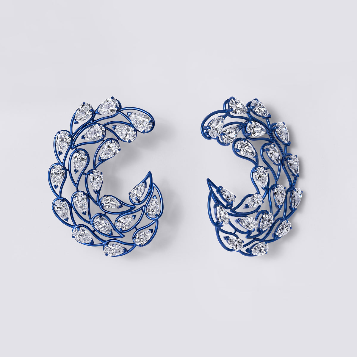 Pear Shaped Vine Earrings (18.6CTW), White Gold and Blue Ceramic