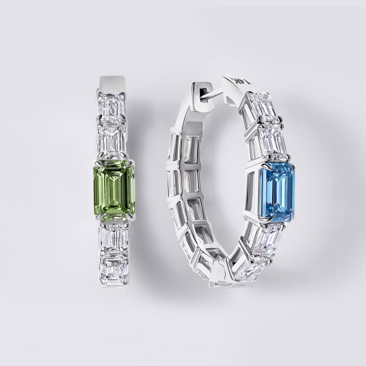 Emerald Hoop Earrings with Blue and Green Center Stones (7.7CTW), White Gold