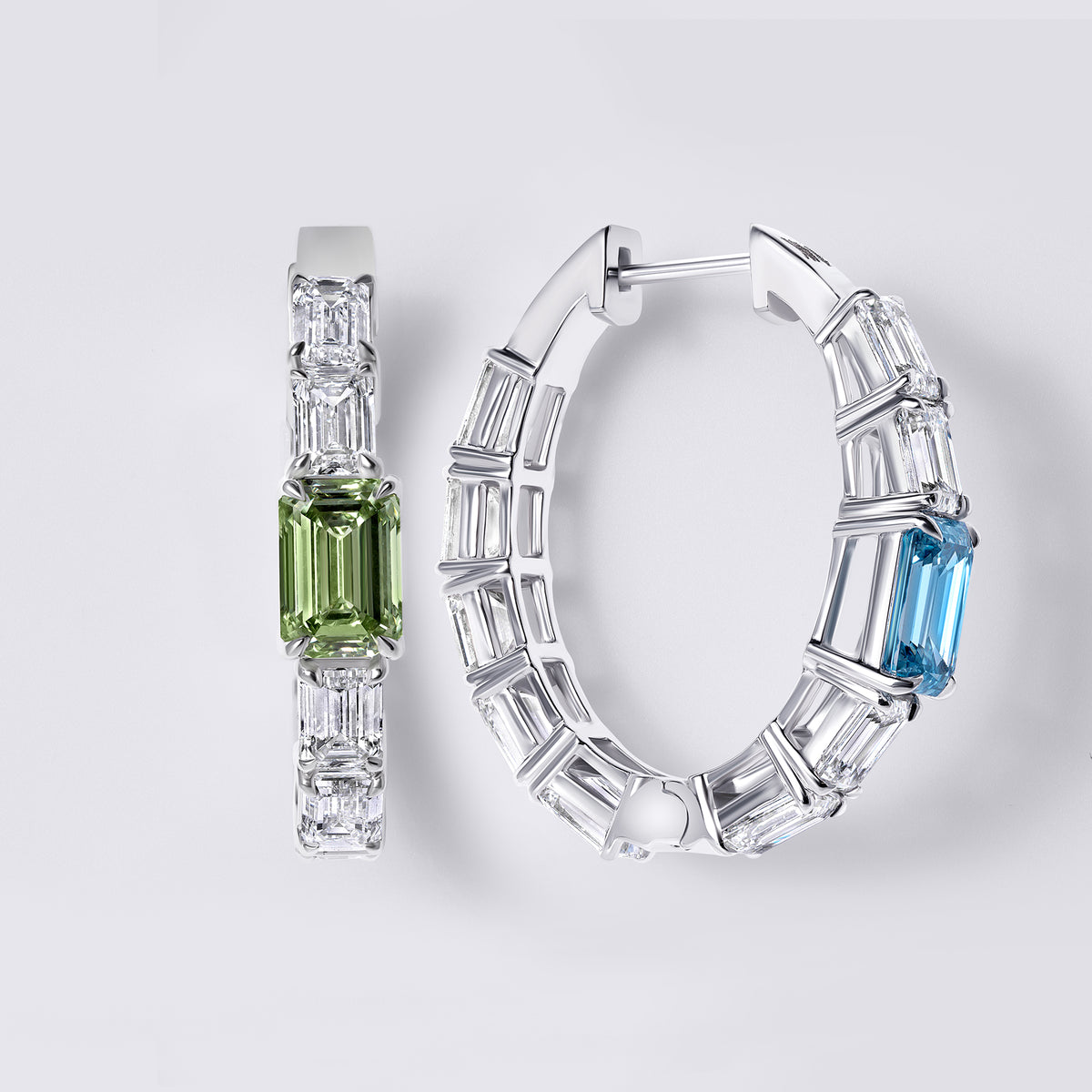 Emerald Hoop Earrings with Blue and Green Center Stones (7.7CTW), White Gold