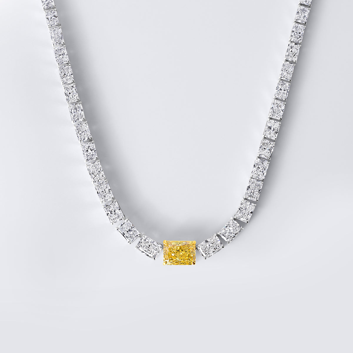 Yellow and White Radiant East/West Graduated Tennis Necklace, White Gold