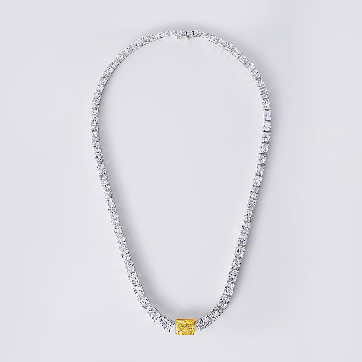 Yellow and White Radiant East/West Graduated Tennis Necklace, White Gold