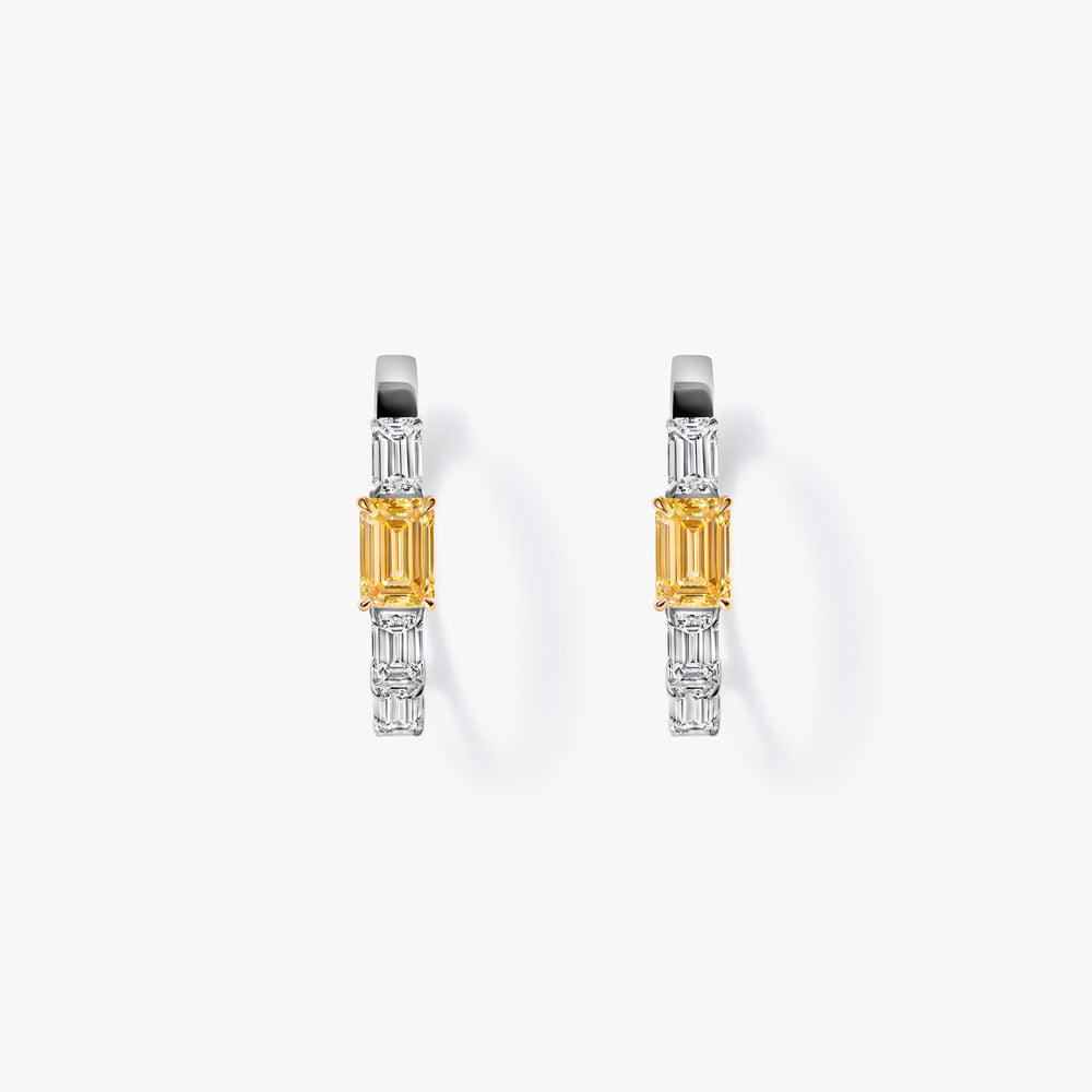 Yellow and White Emerald Diamond Hoop Earrings