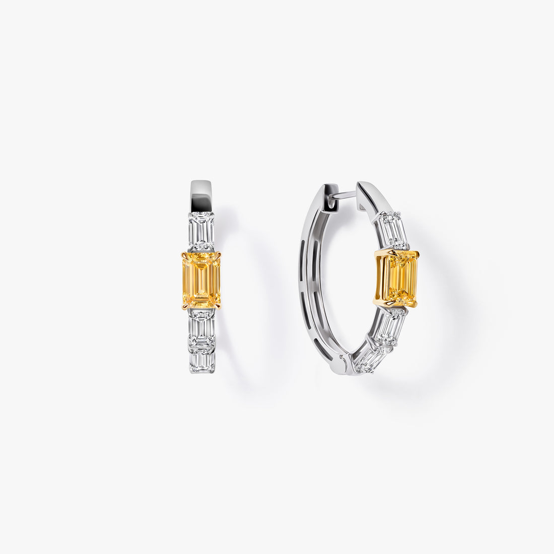 Yellow and White Emerald Diamond Hoop Earrings