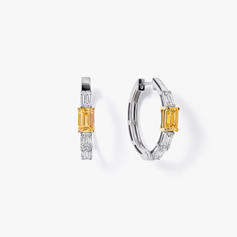 Yellow and White Emerald Diamond Hoop Earrings