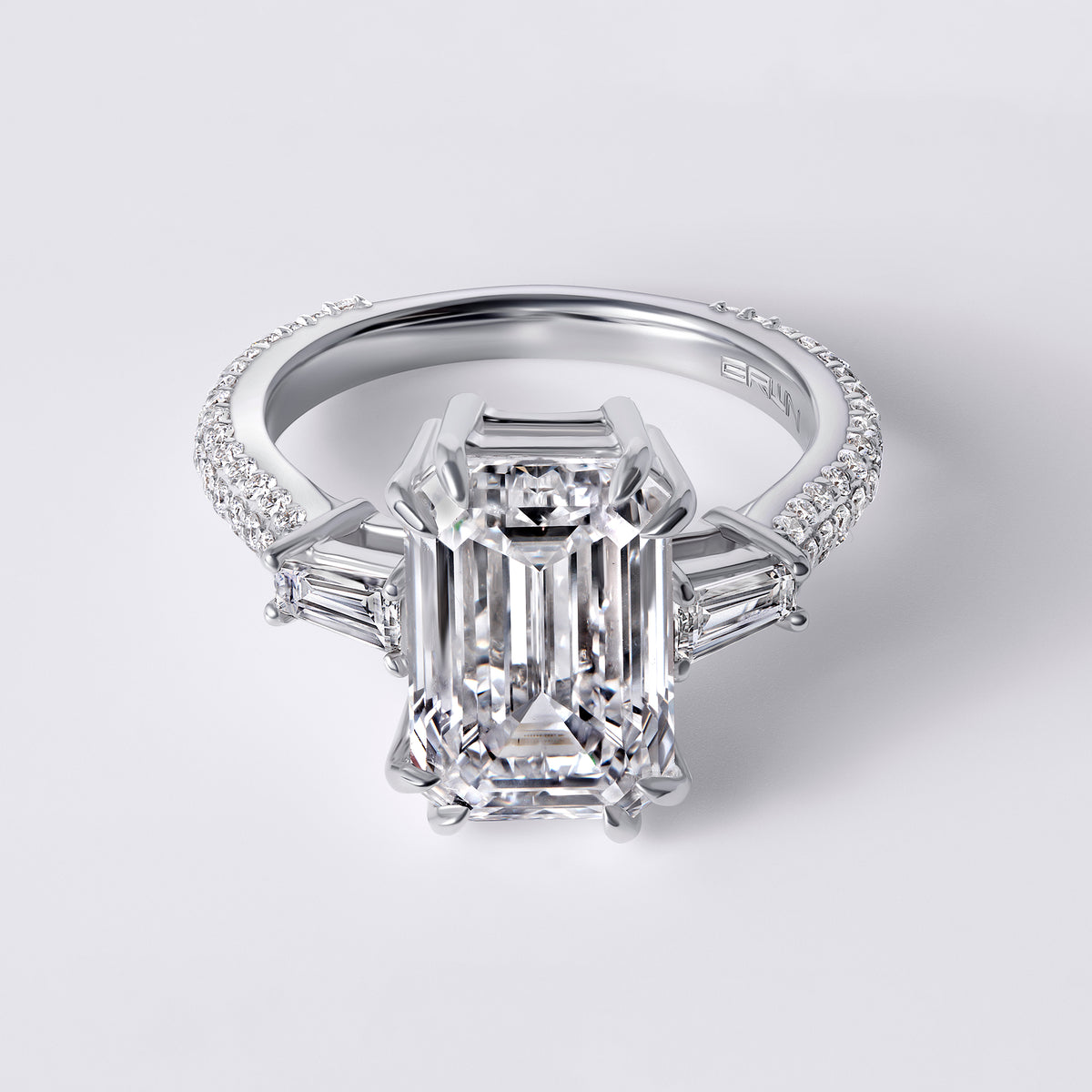 Bespoke Emerald (5.11CT) with Tapered Baguette and Pave, White Gold