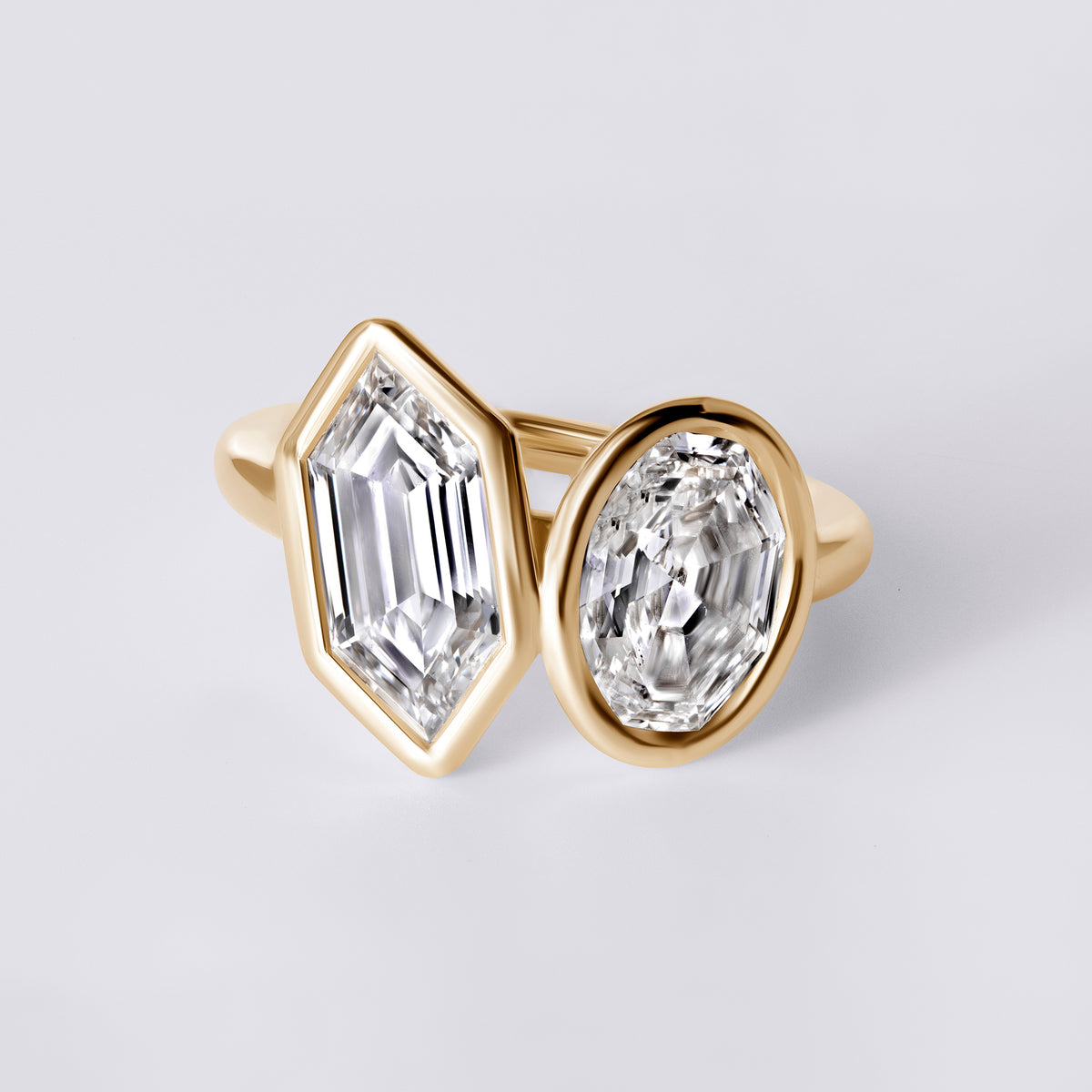 Bespoke Toi et Moi (4.26CTW) Soleil Hexagon and Oval Ring, Yellow Gold