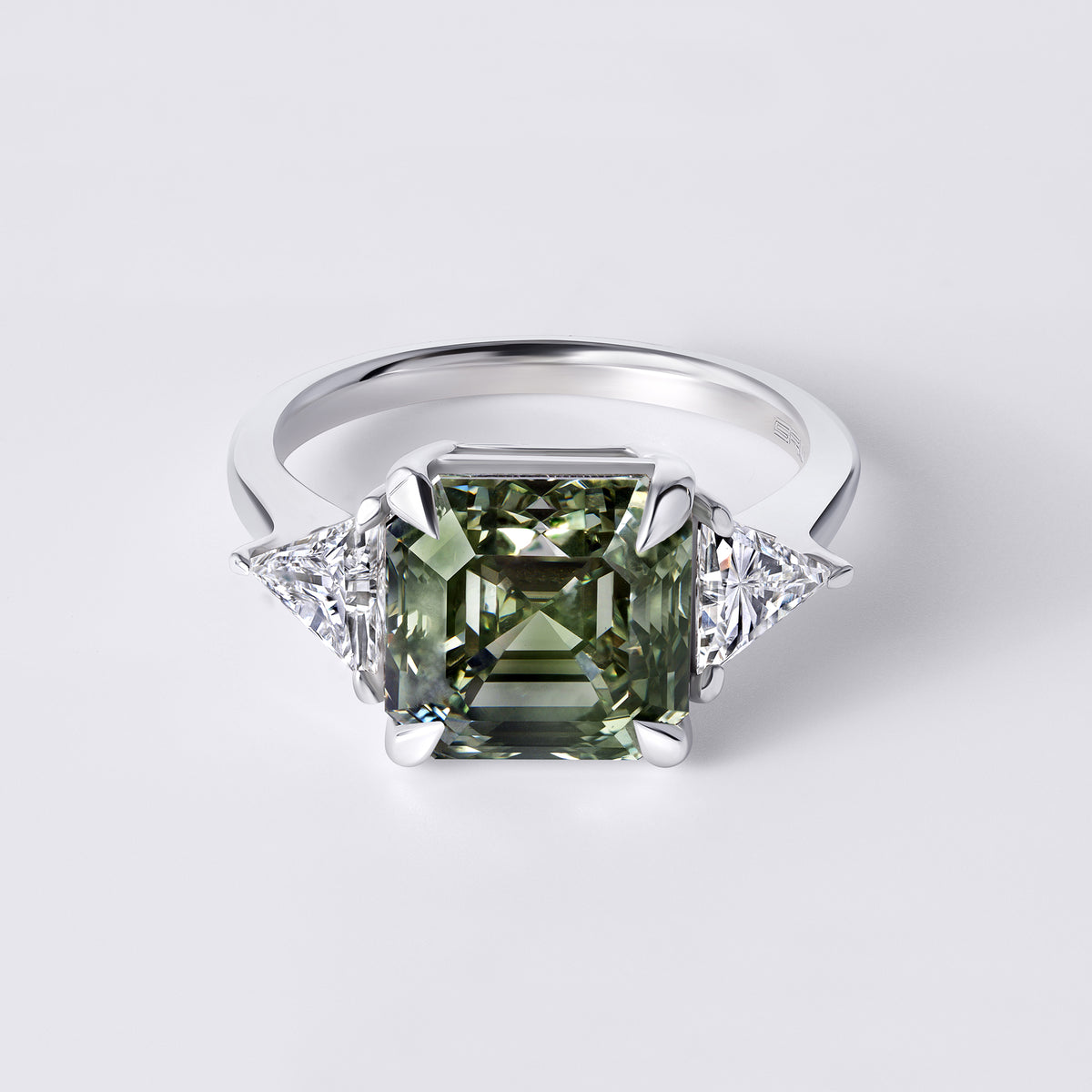 Bespoke Green Asscher (5.51CT) Three Stone Ring, White Gold