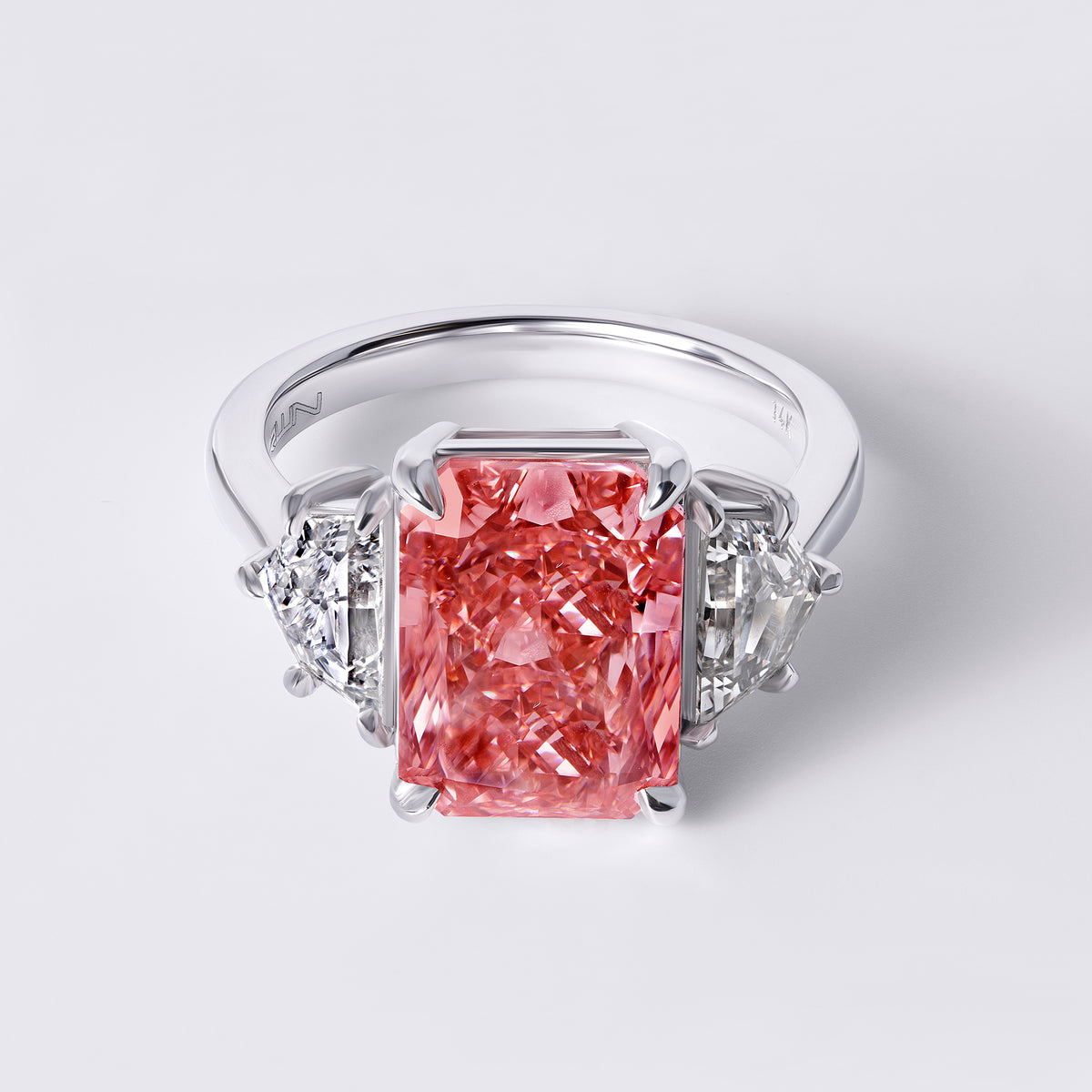 Bespoke Fancy Vidid Orangey Pink Radiant (5.09CT) Three Stone Ring, White Gold