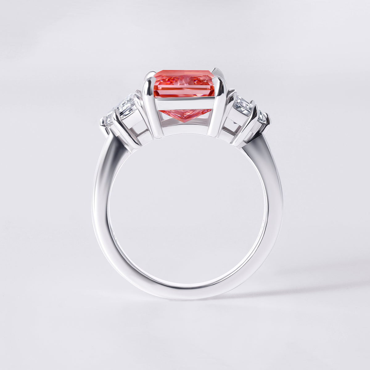 Bespoke Fancy Vidid Orangey Pink Radiant (5.09CT) Three Stone Ring, White Gold