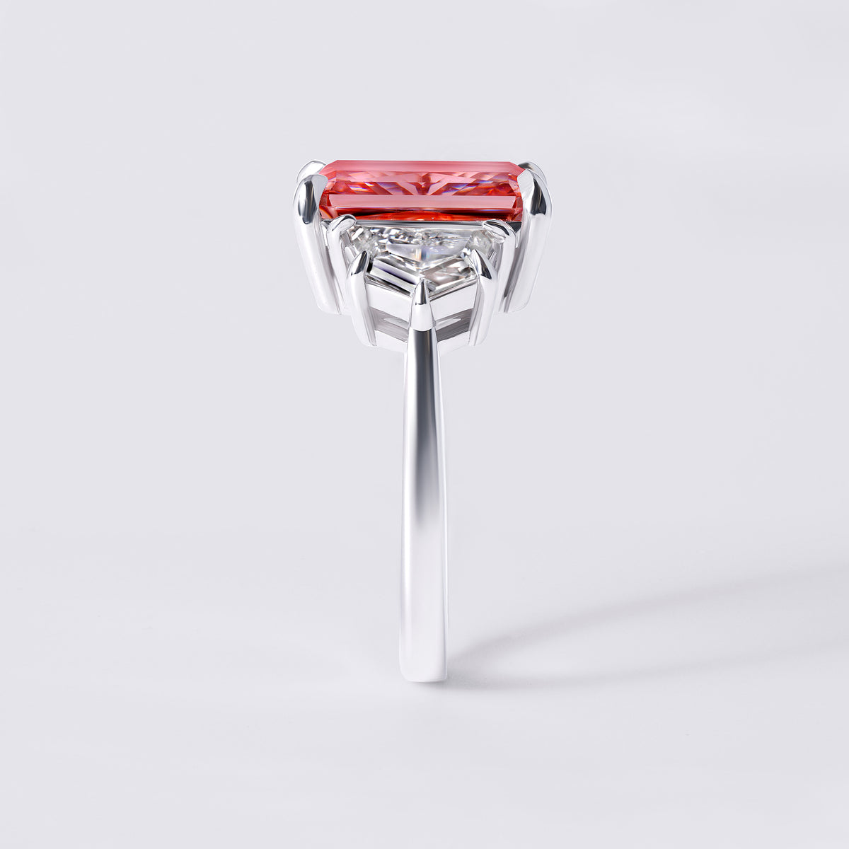 Bespoke Fancy Vidid Orangey Pink Radiant (5.09CT) Three Stone Ring, White Gold