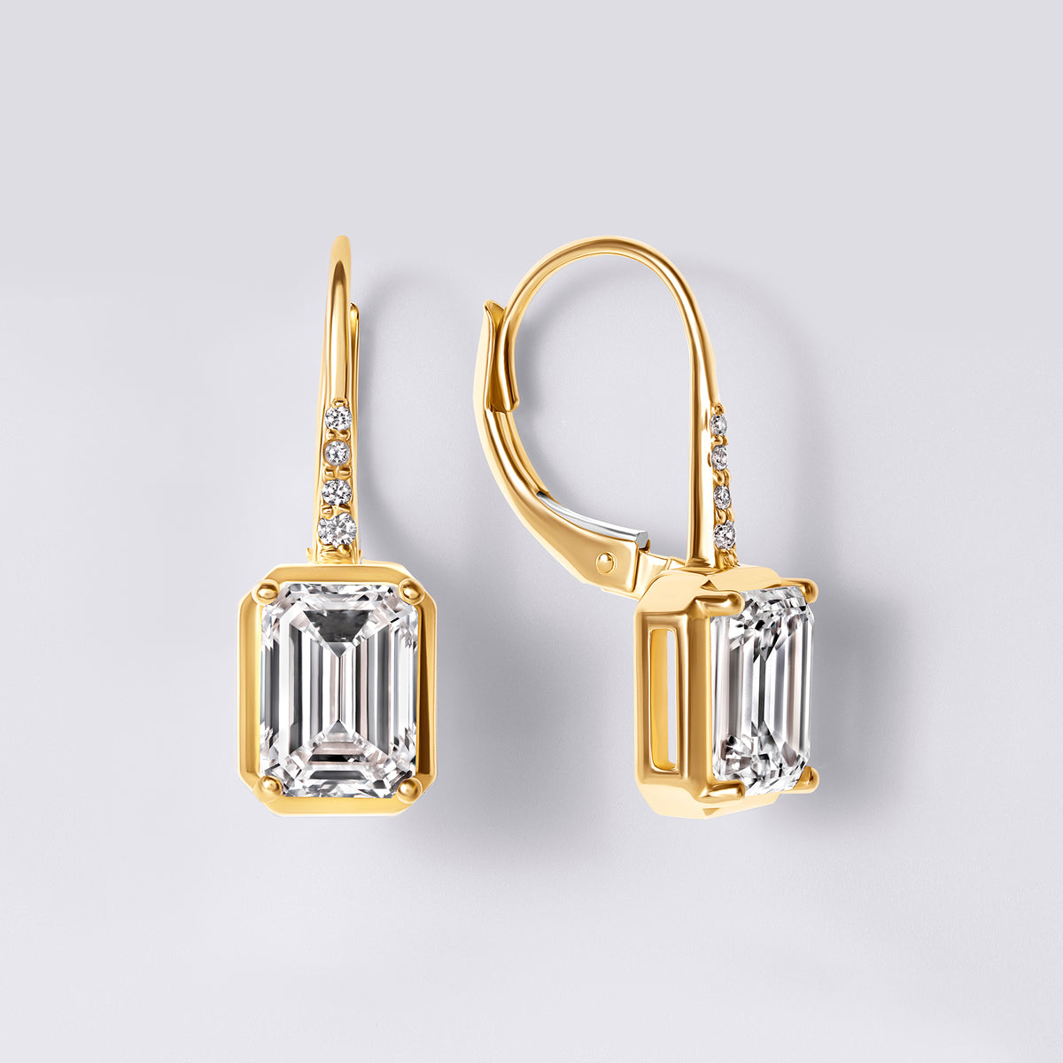 Emerald and Pave Wire Leverback Drop Earring (3CTW), Yellow Gold