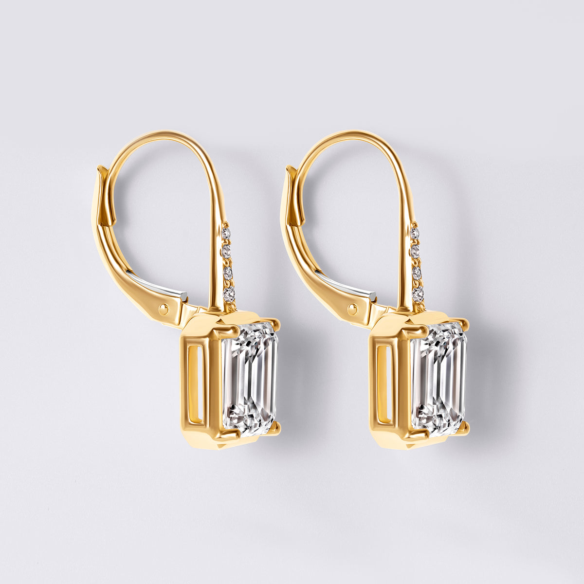 Emerald and Pave Wire Leverback Drop Earring (3CTW), Yellow Gold