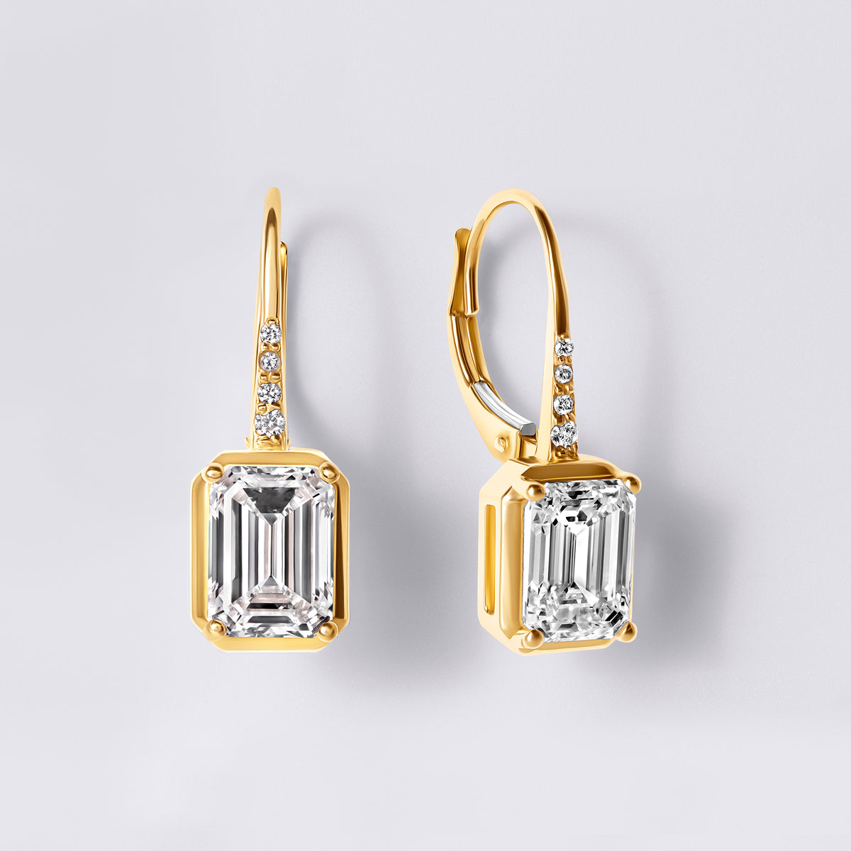 Emerald and Pave Wire Leverback Drop Earring (3CTW), Yellow Gold