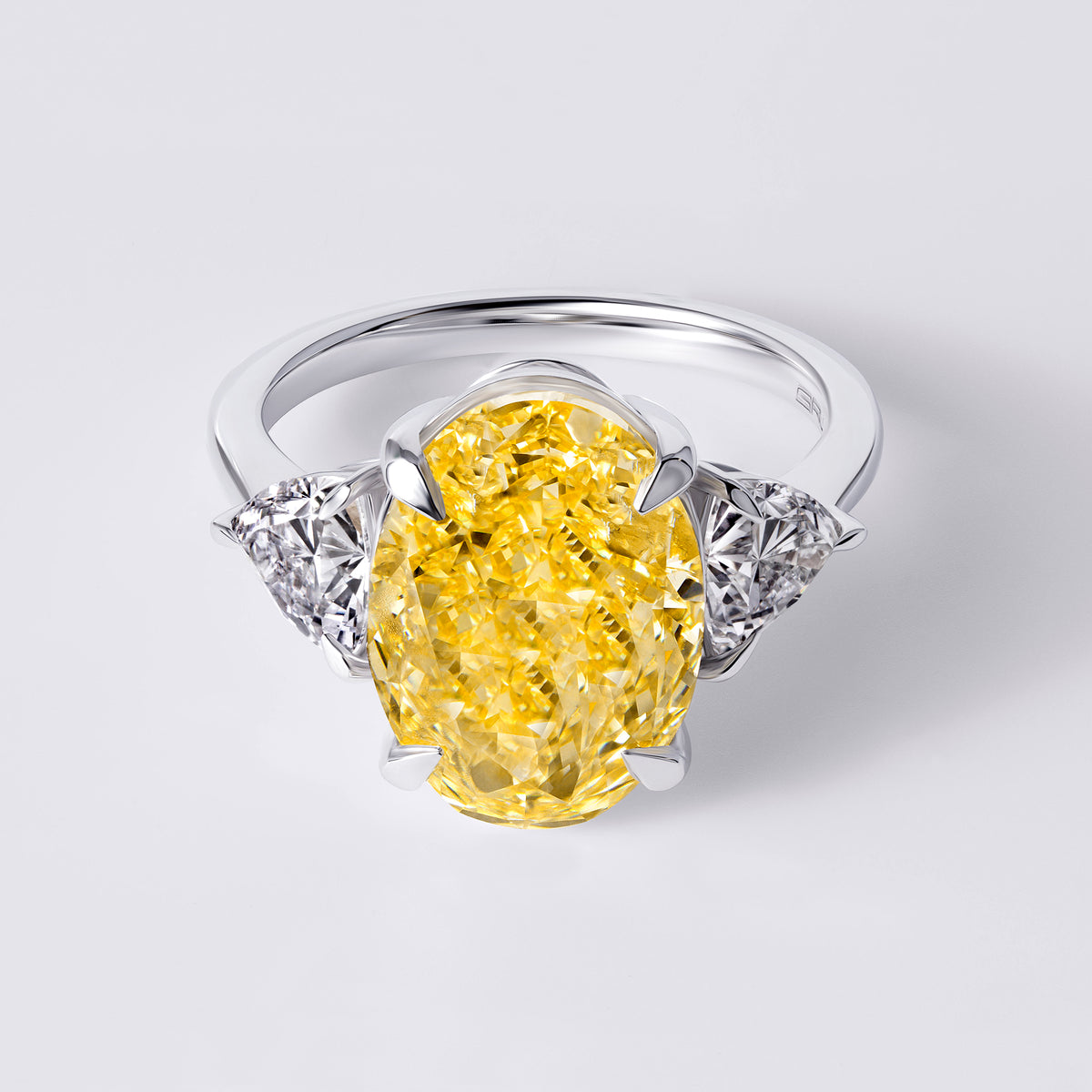 Bespoke Fancy Intense Yellow Oval (6.57CT) Three Stone Ring, White Gold