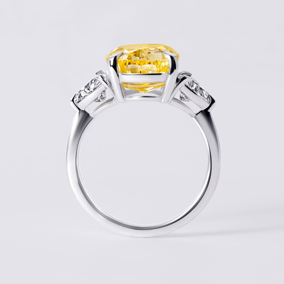 Bespoke Fancy Intense Yellow Oval (6.57CT) Three Stone Ring, White Gold