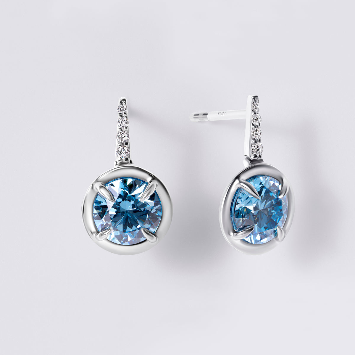 Blue Diamond Wire Drop Earrings with Pave, White Gold