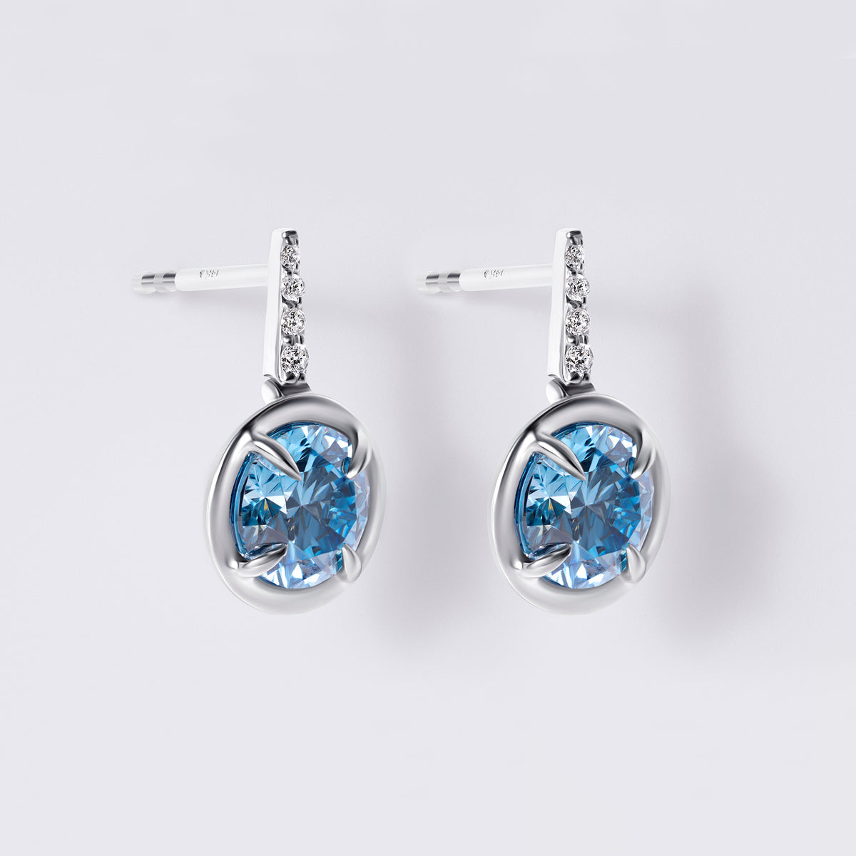 Blue Diamond Wire Drop Earrings with Pave, White Gold