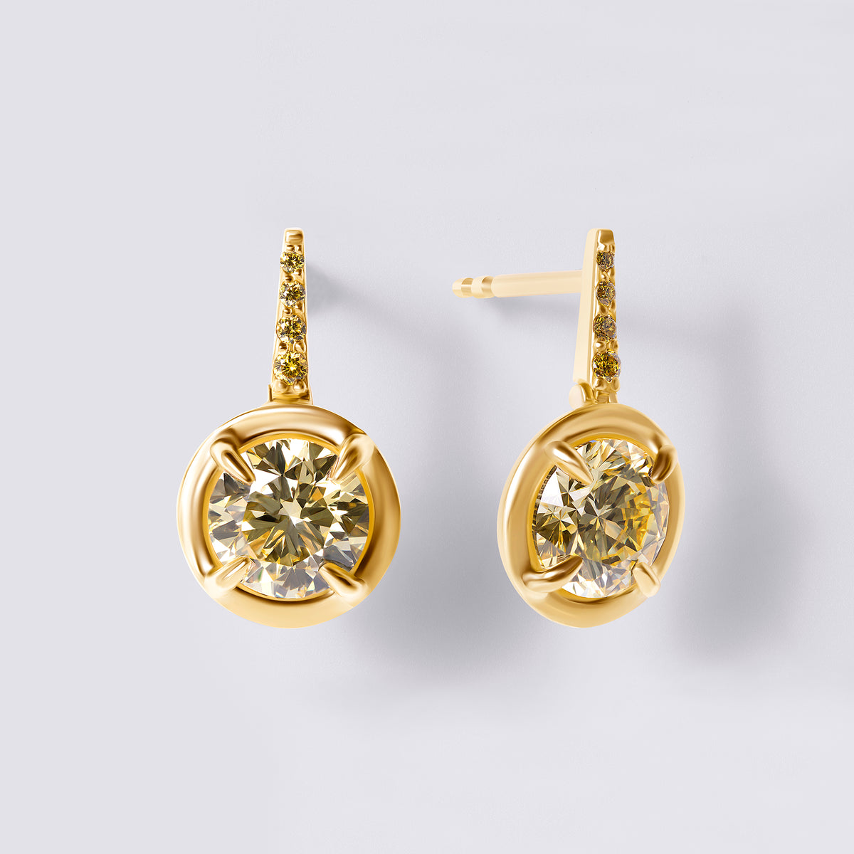 Yellow Diamond Wire Drop Earrings with Yellow Pave, Yellow Gold