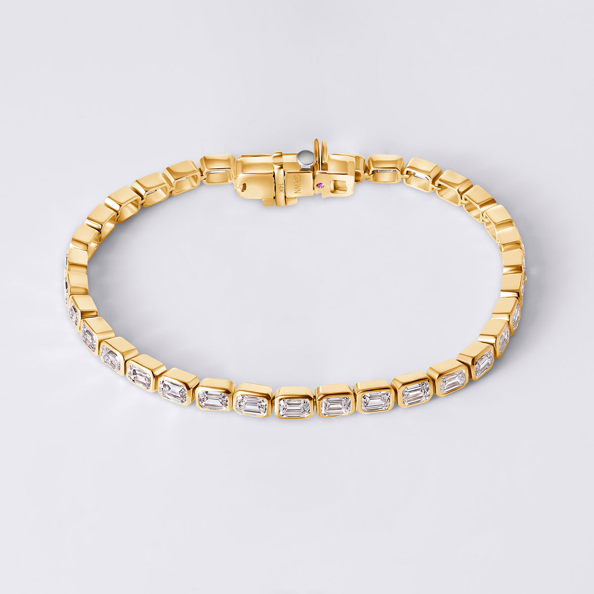 Emerald East/West Bezel Set Tennis Bracelet, Yellow Gold