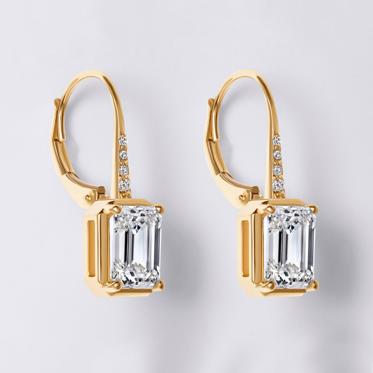 Emerald and Pave Wire Leverback Drop Earring (3CTW), Yellow Gold