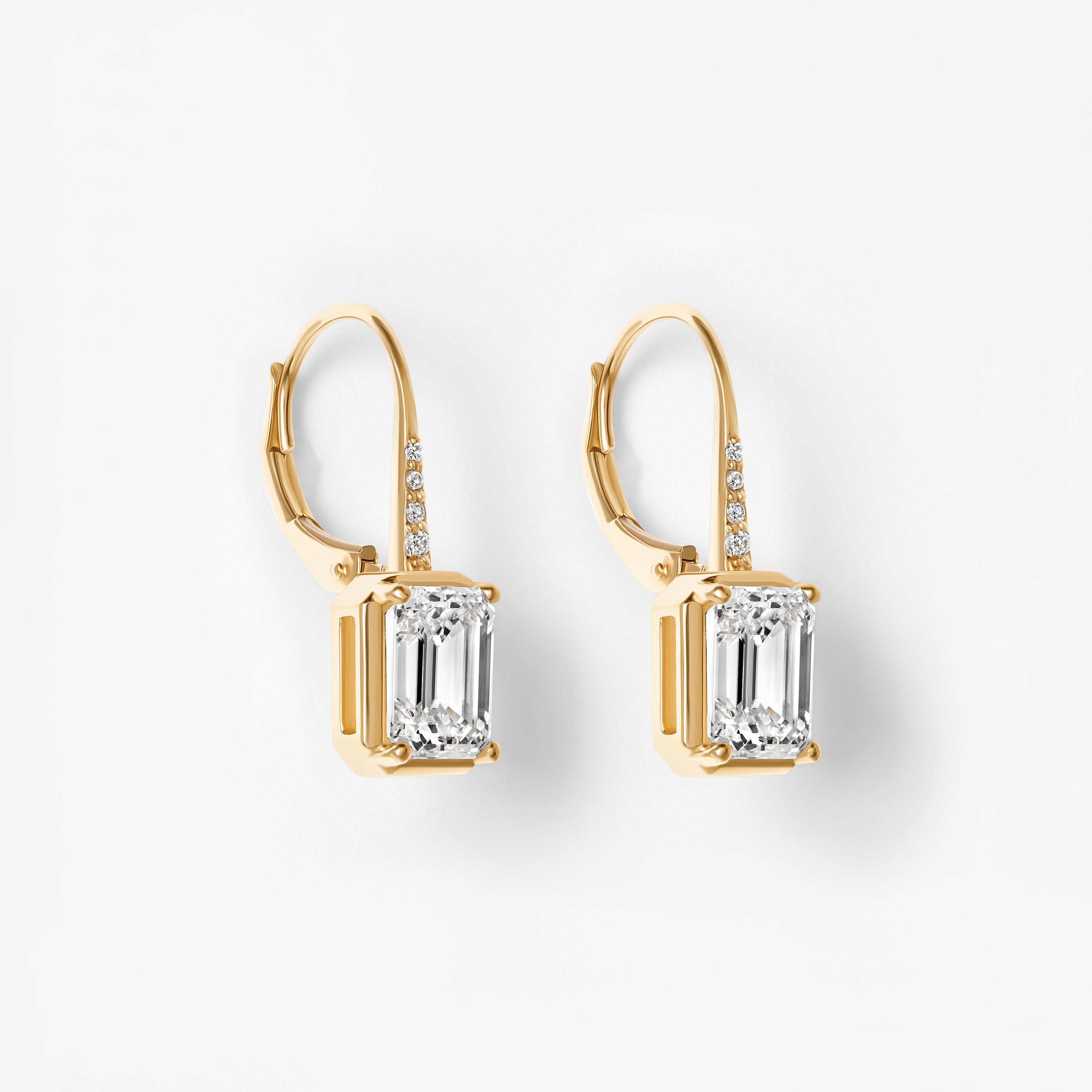 Emerald Cut Diamond Bezel Set Wire Leverback Drop Earrings
