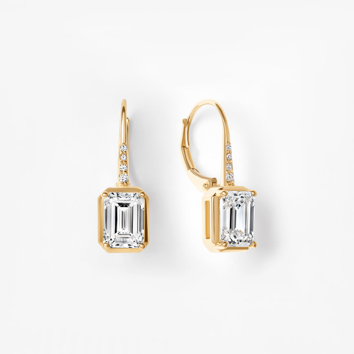 Emerald Cut Diamond Bezel Set Wire Leverback Drop Earrings