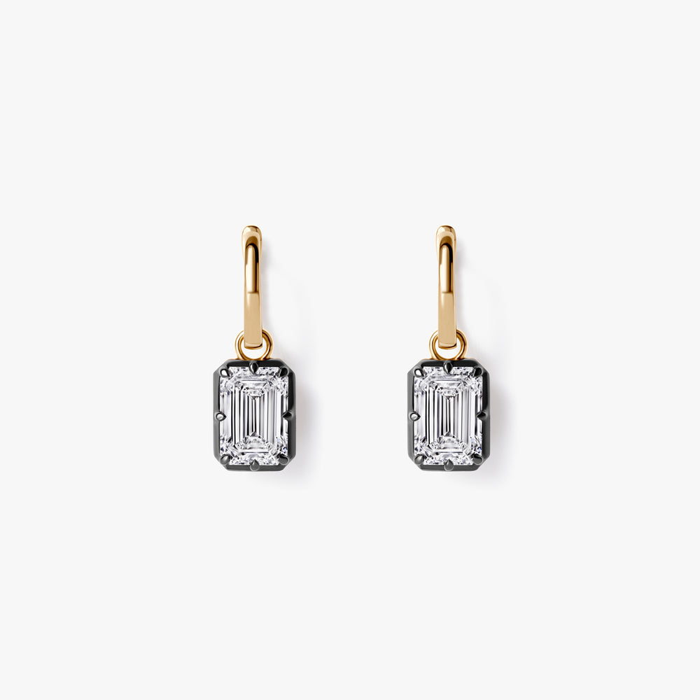 Emerald Diamond Black Rhodium Drop Huggie Earrings